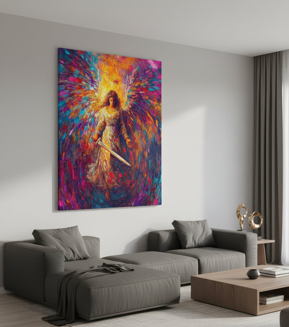 Radiant Angel with Sword – Vibrant Seraph Guardian Christian Wall Art