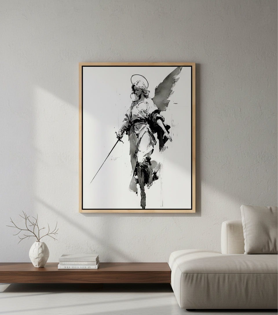 Warrior Angel with Sword – Minimalist Black & White Christian Wall Art, Guardian Angel Canvas