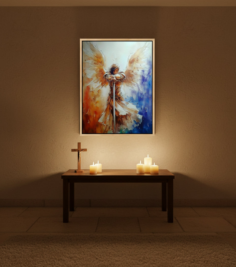 Guardian Angel with Sword Wall Art – Christian Angel Warrior Canvas, Seraphim Protection Painting, Faith Decor