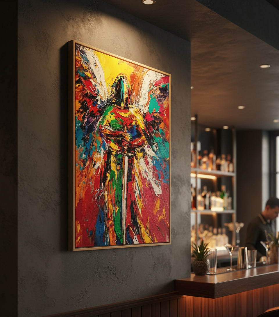 Guardian Angel of Light – Colorful Christian Angel Sword Canvas Wall Art