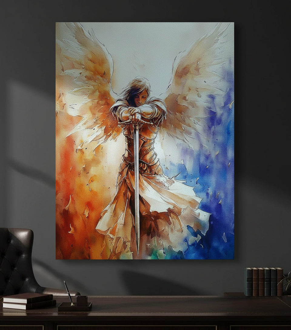 Guardian Angel with Sword Wall Art – Christian Angel Warrior Canvas, Seraphim Protection Painting, Faith Decor