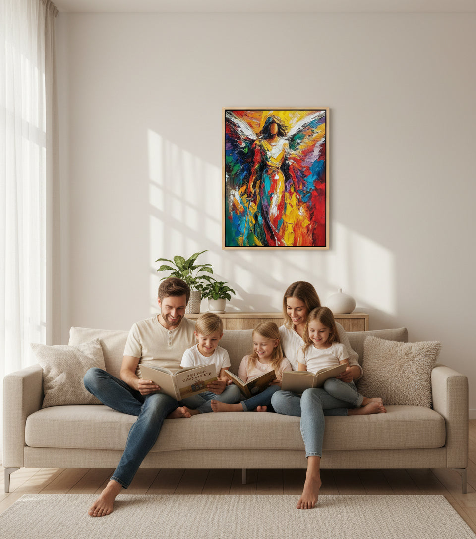 Radiant Angel Warrior Art – Guardian Angel with Sword Abstract Painting | Christian Wall Decor