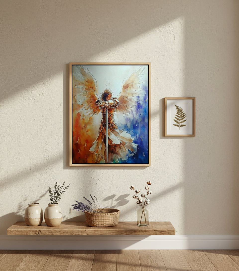 Guardian Angel with Sword Wall Art – Christian Angel Warrior Canvas, Seraphim Protection Painting, Faith Decor
