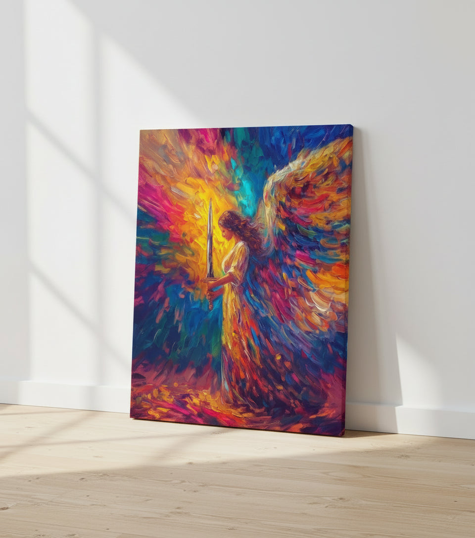 Heavenly Guardian Angel With Sword – Colorful Christian Wall Art