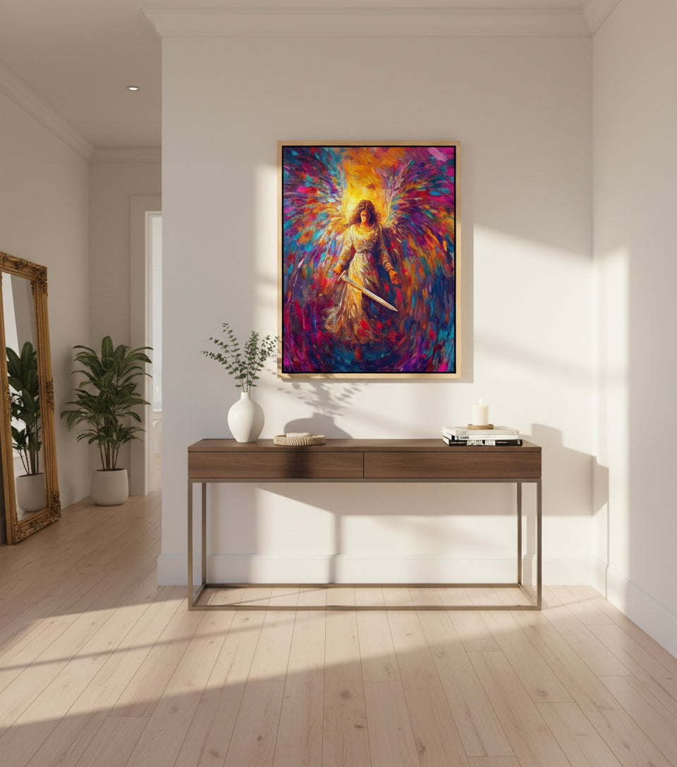 Radiant Angel with Sword – Vibrant Seraph Guardian Christian Wall Art