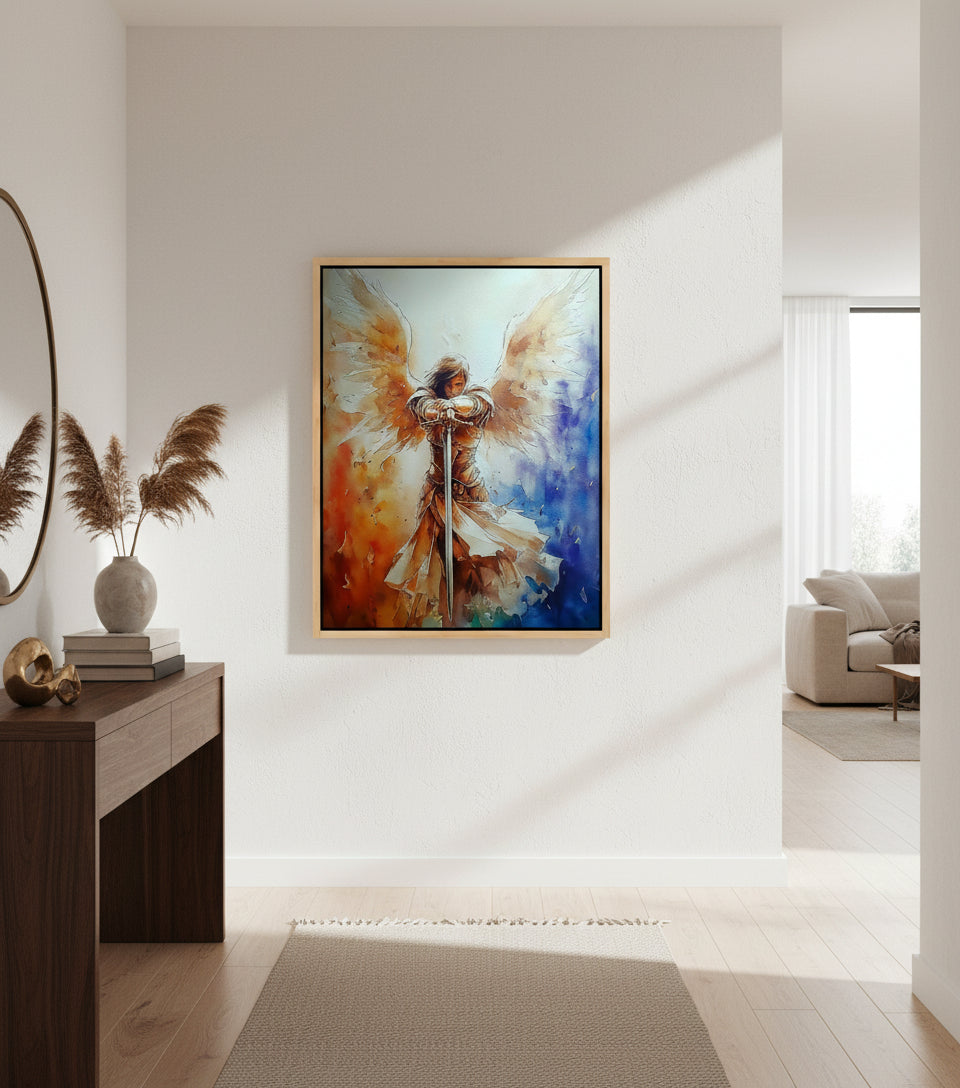 Guardian Angel with Sword Wall Art – Christian Angel Warrior Canvas, Seraphim Protection Painting, Faith Decor