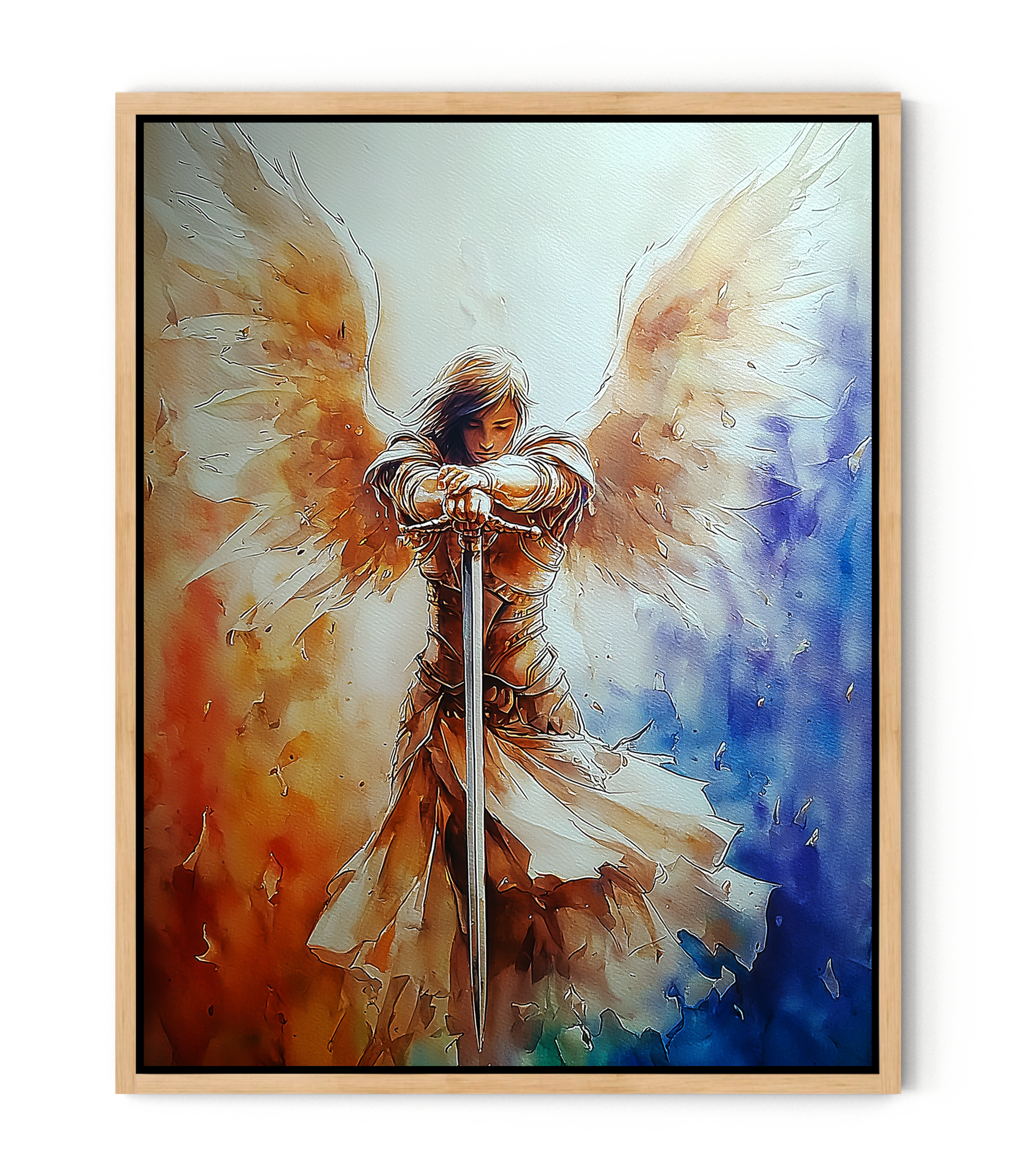 Guardian Angel with Sword Wall Art – Christian Angel Warrior Canvas, Seraphim Protection Painting, Faith Decor