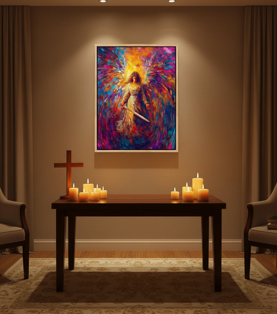 Radiant Angel with Sword – Vibrant Seraph Guardian Christian Wall Art