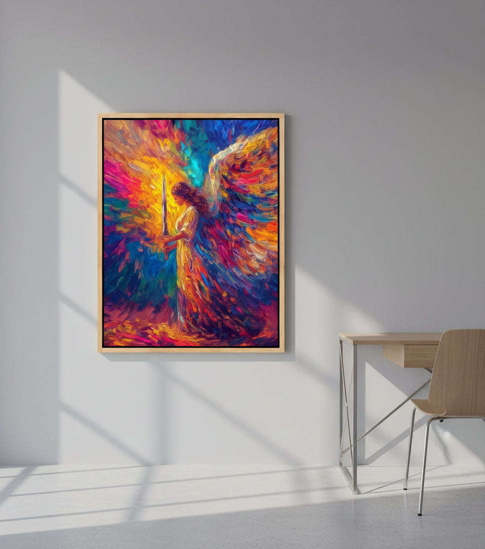 Heavenly Guardian Angel With Sword – Colorful Christian Wall Art