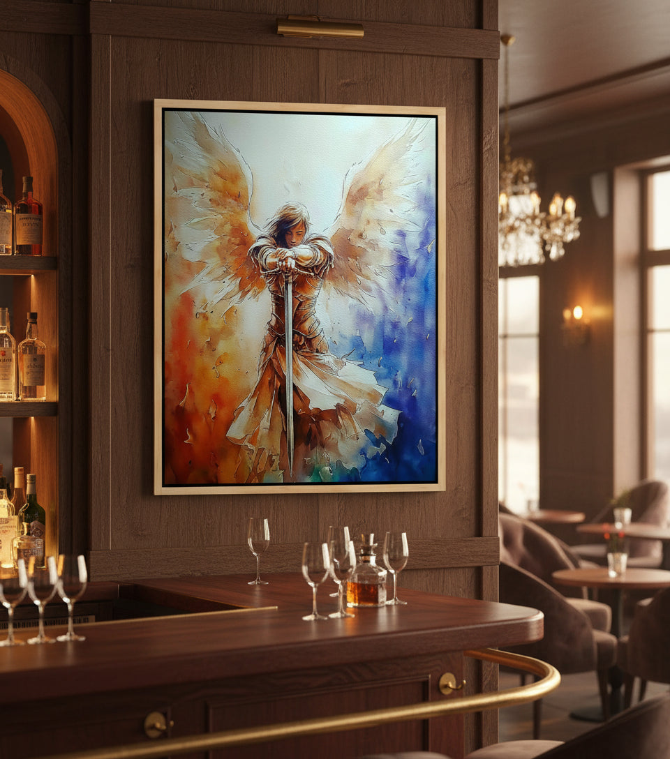 Guardian Angel with Sword Wall Art – Christian Angel Warrior Canvas, Seraphim Protection Painting, Faith Decor