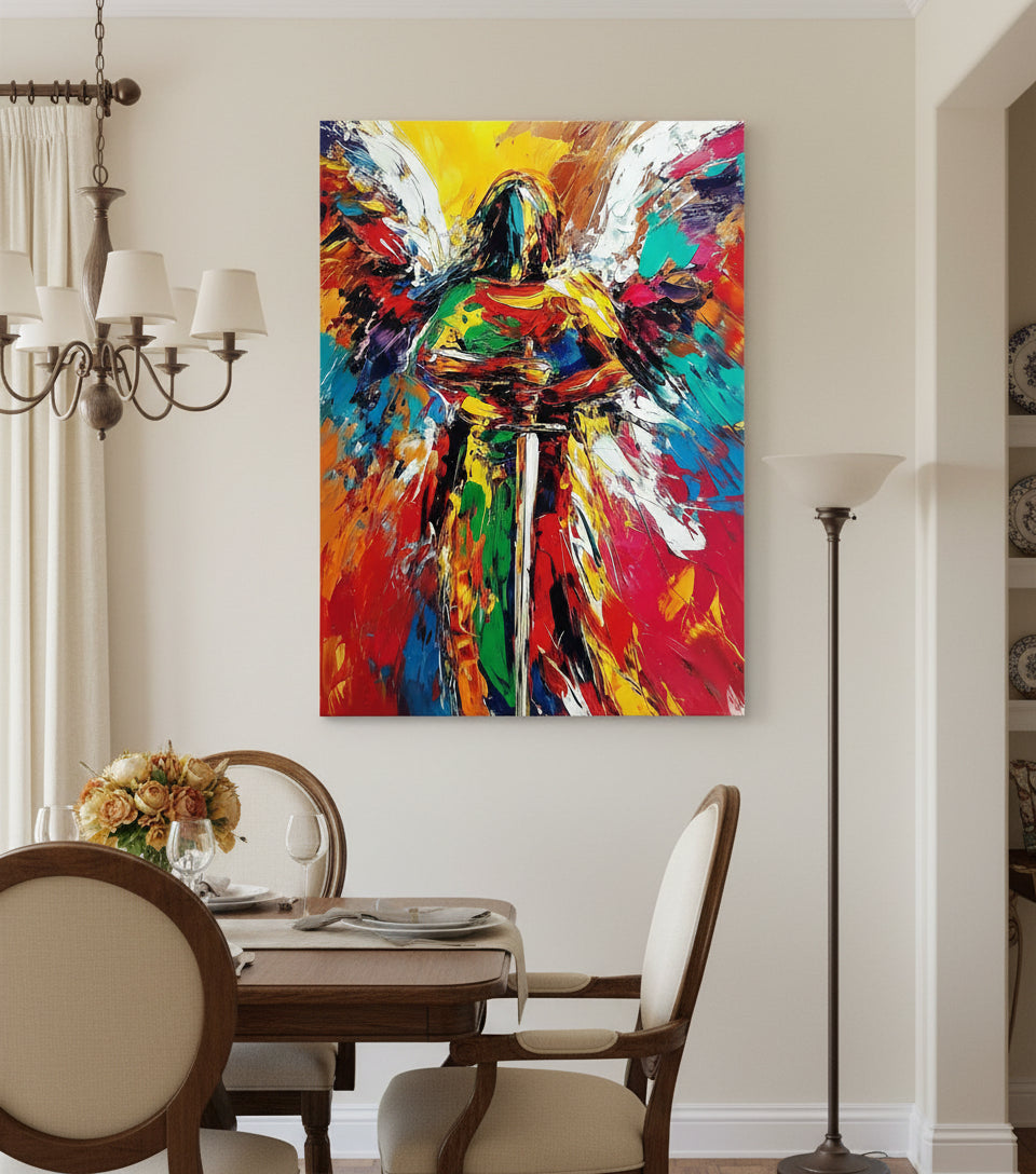 Guardian Angel of Light – Colorful Christian Angel Sword Canvas Wall Art