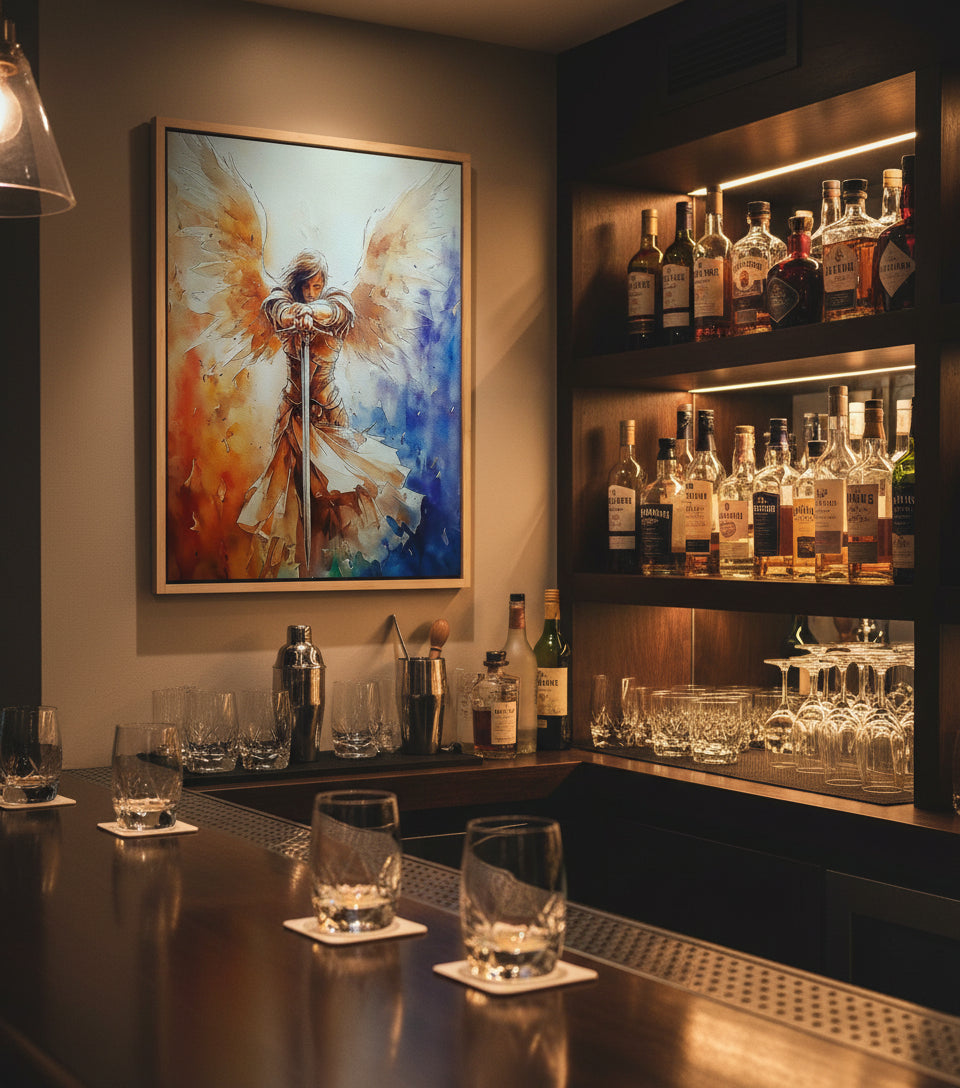 Guardian Angel with Sword Wall Art – Christian Angel Warrior Canvas, Seraphim Protection Painting, Faith Decor