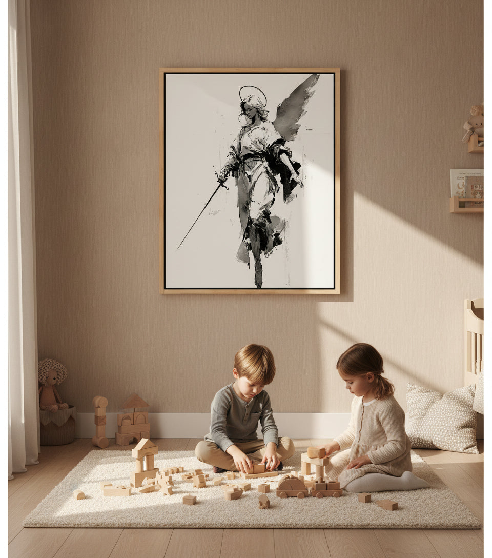 Warrior Angel with Sword – Minimalist Black & White Christian Wall Art, Guardian Angel Canvas