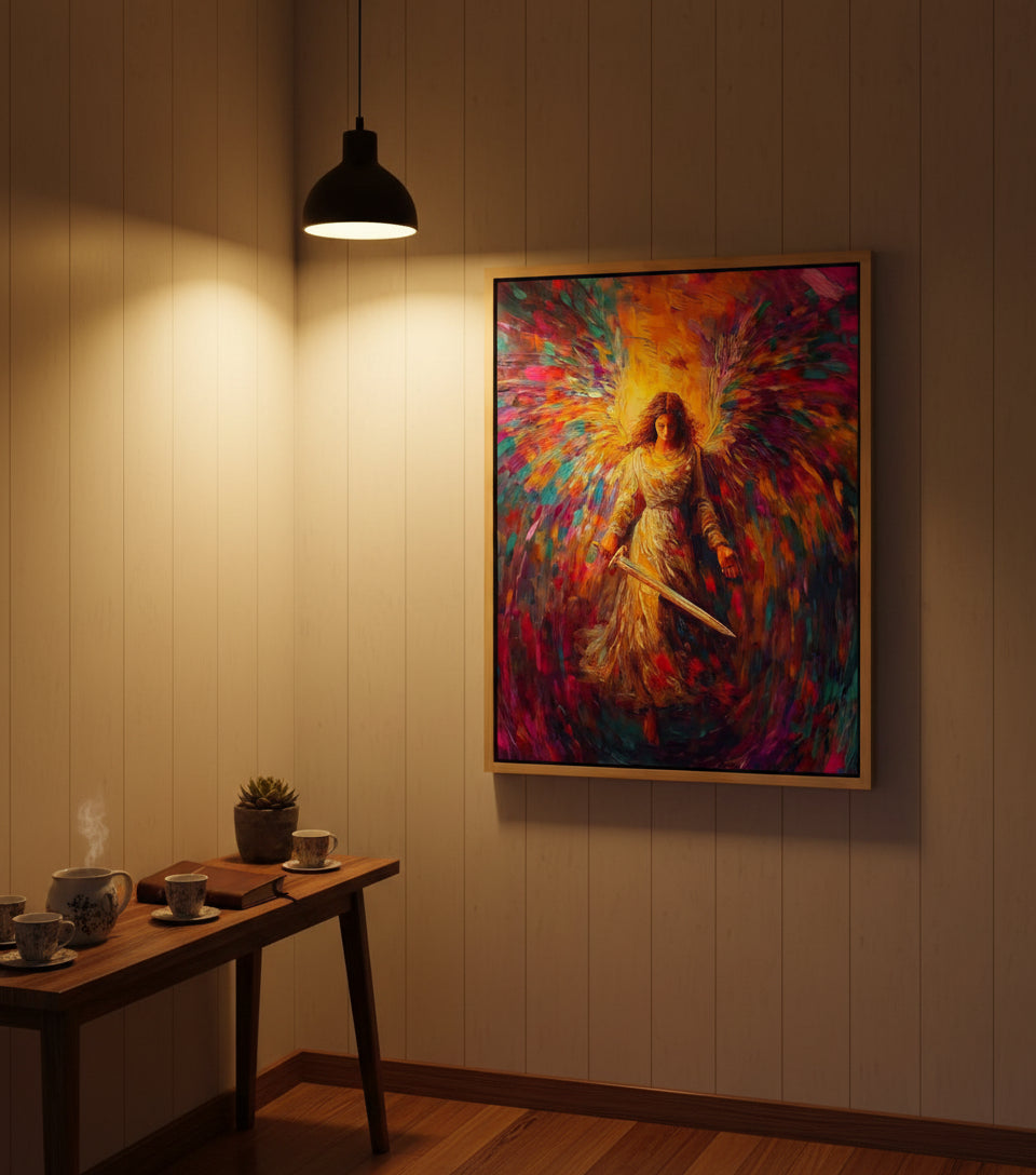 Radiant Angel with Sword – Vibrant Seraph Guardian Christian Wall Art