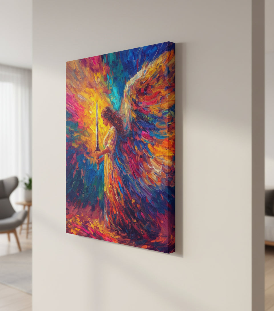 Heavenly Guardian Angel With Sword – Colorful Christian Wall Art