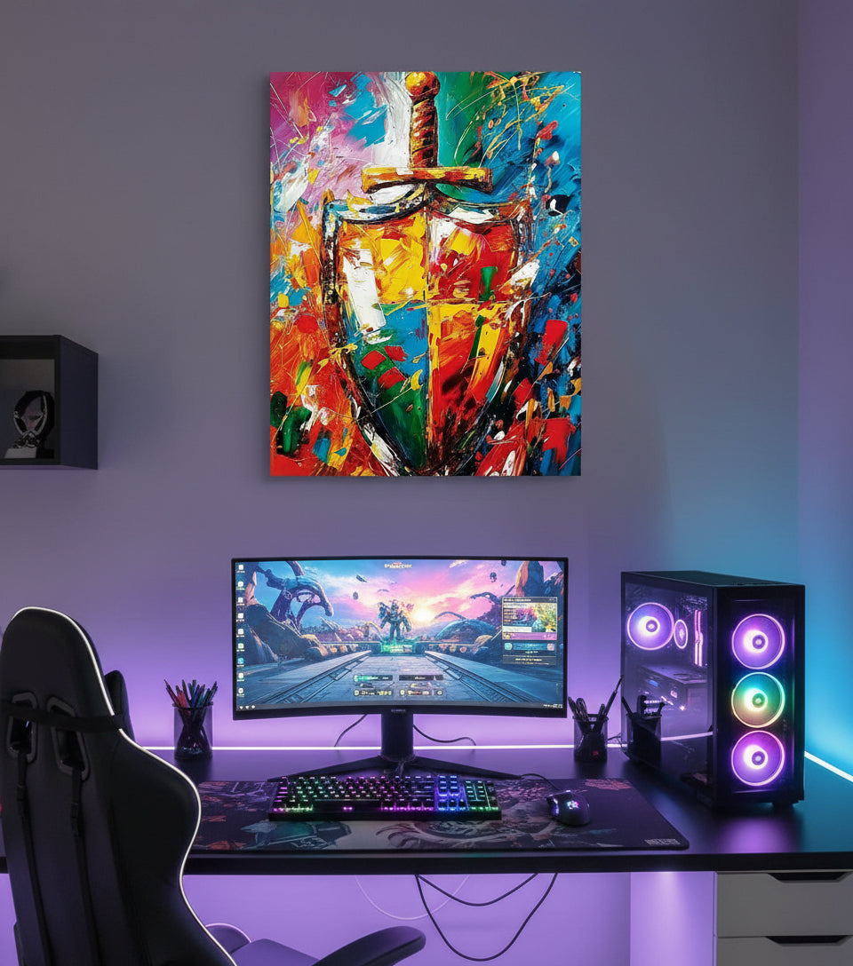 Sword & Shield Christian Canvas – Armor of God Wall Art, Faith Protection Painting, Ephesians 6:16–17