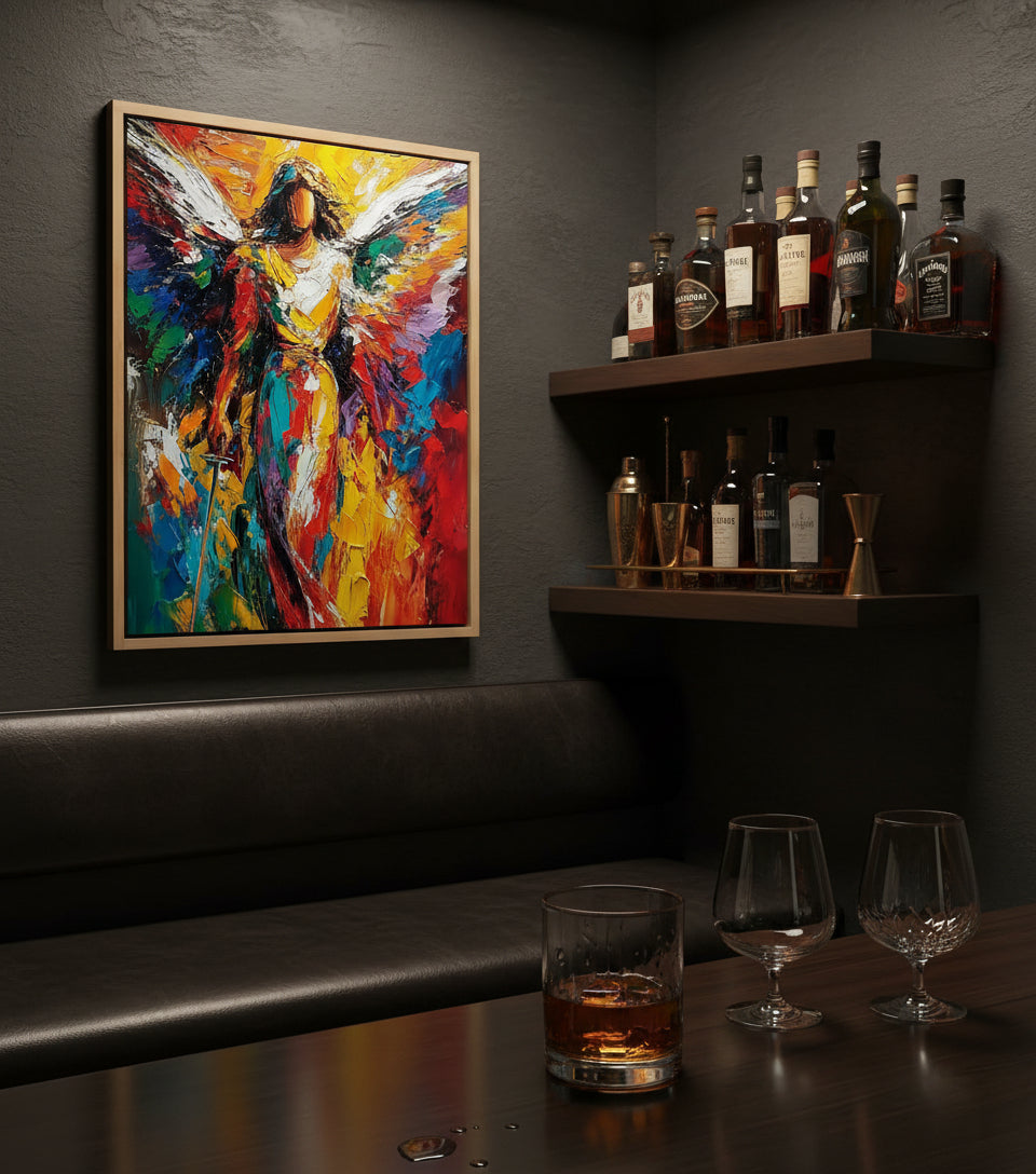 Radiant Angel Warrior Art – Guardian Angel with Sword Abstract Painting | Christian Wall Decor