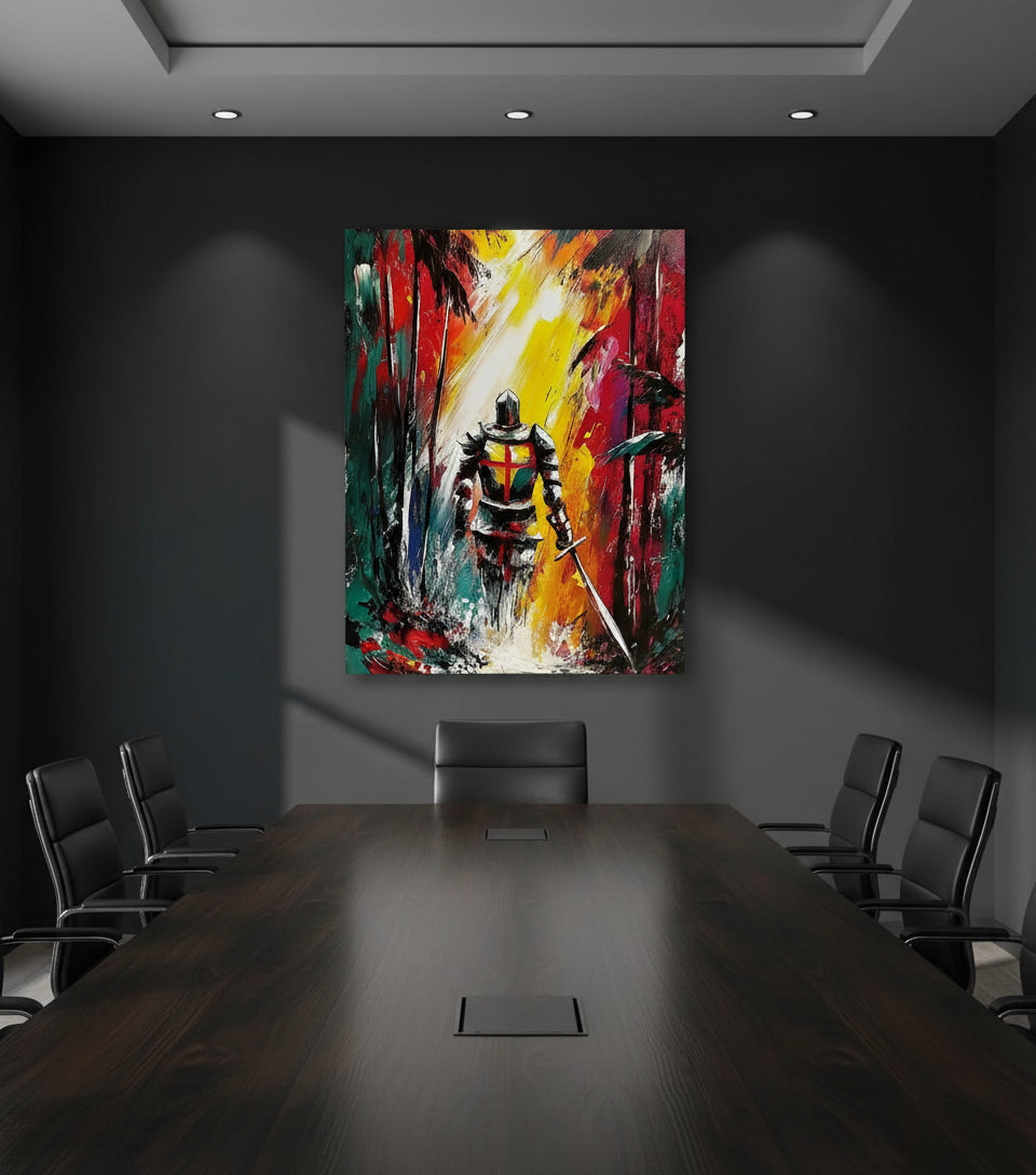 Christian Warrior in the Forest Canvas – Spiritual Battle Wall Art, Armor of God Painting, Light vs Darkness Artwork