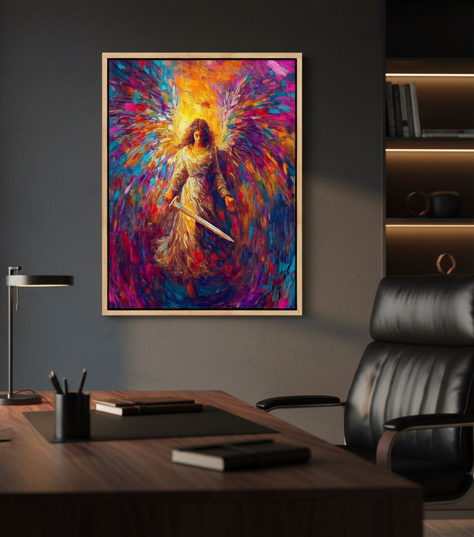 Radiant Angel with Sword – Vibrant Seraph Guardian Christian Wall Art