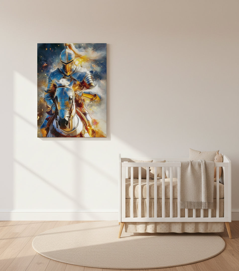 Heavenly Warrior on White Horse faithfulprints Canvas – Christian Knight Wall Art, Spiritual Battle Painting, Faith Armor Artwork