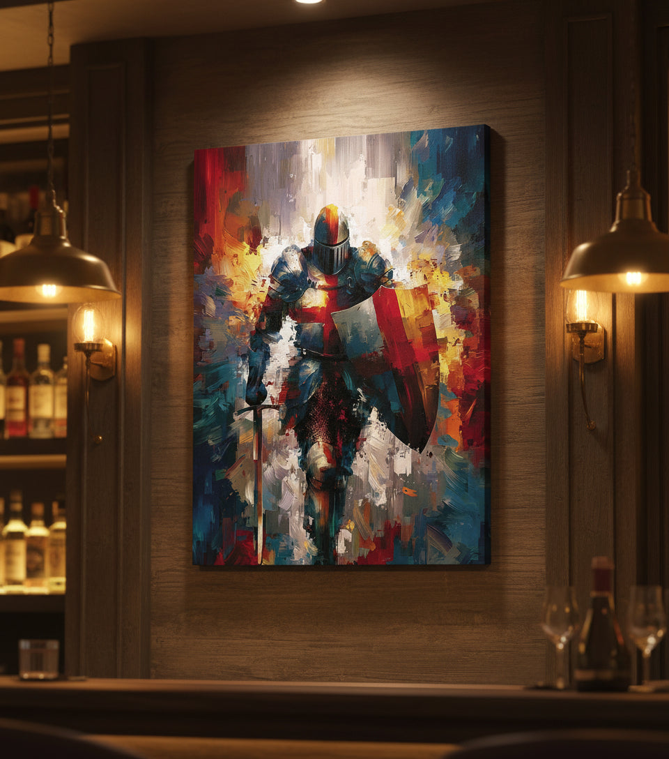 Baptism of the Warrior – Christian Knight Under Waterfall Canvas, Spiritual Renewal Wall Art, Isaiah 43:2