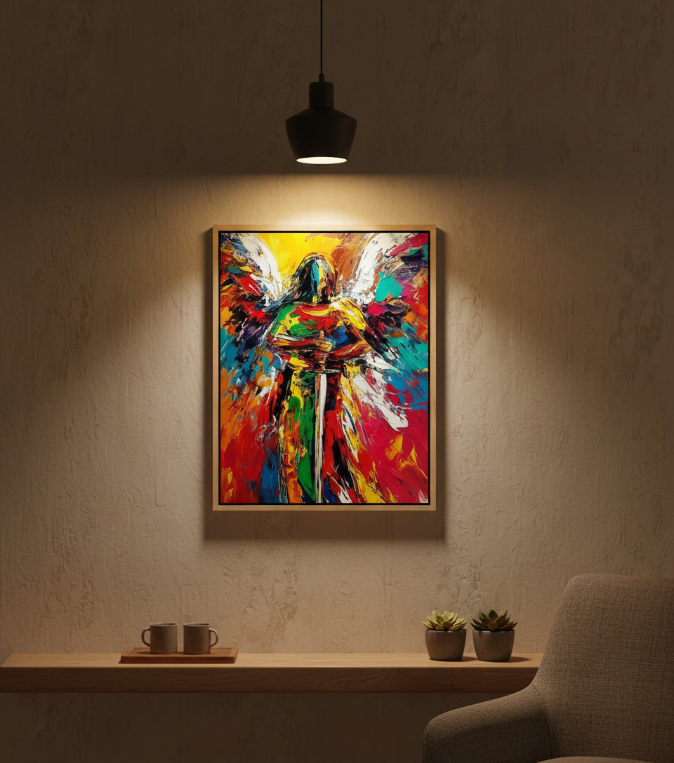 Guardian Angel of Light – Colorful Christian Angel Sword Canvas Wall Art