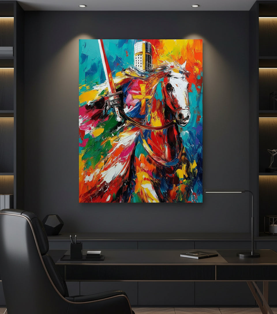 Christian Knight on White Horse Canvas – Spiritual Warrior Wall Art, Faith Battle Painting, Revelation 19:11
