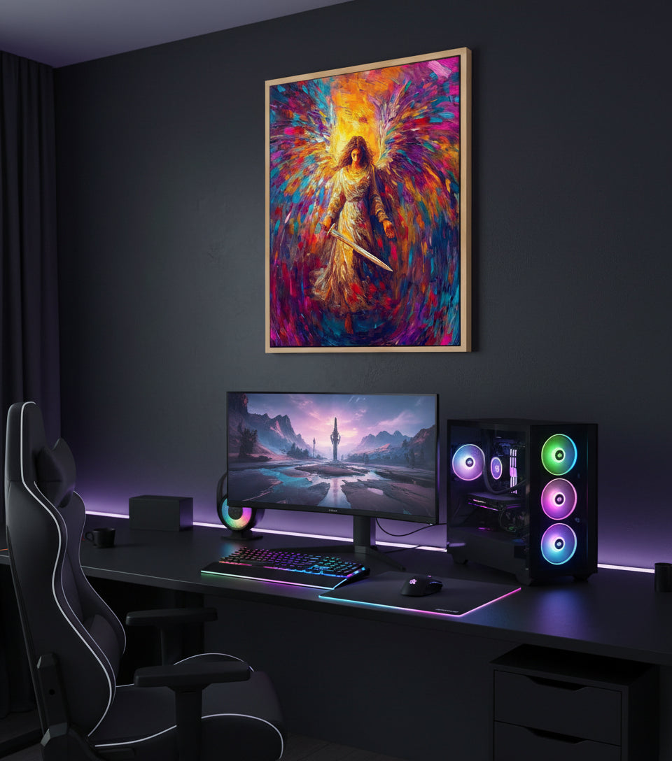 Radiant Angel with Sword – Vibrant Seraph Guardian Christian Wall Art