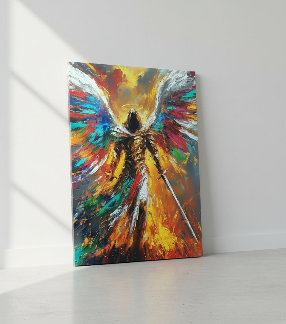 Radiant Archangel of Fire and Light – Warrior Angel Sword Canvas Art