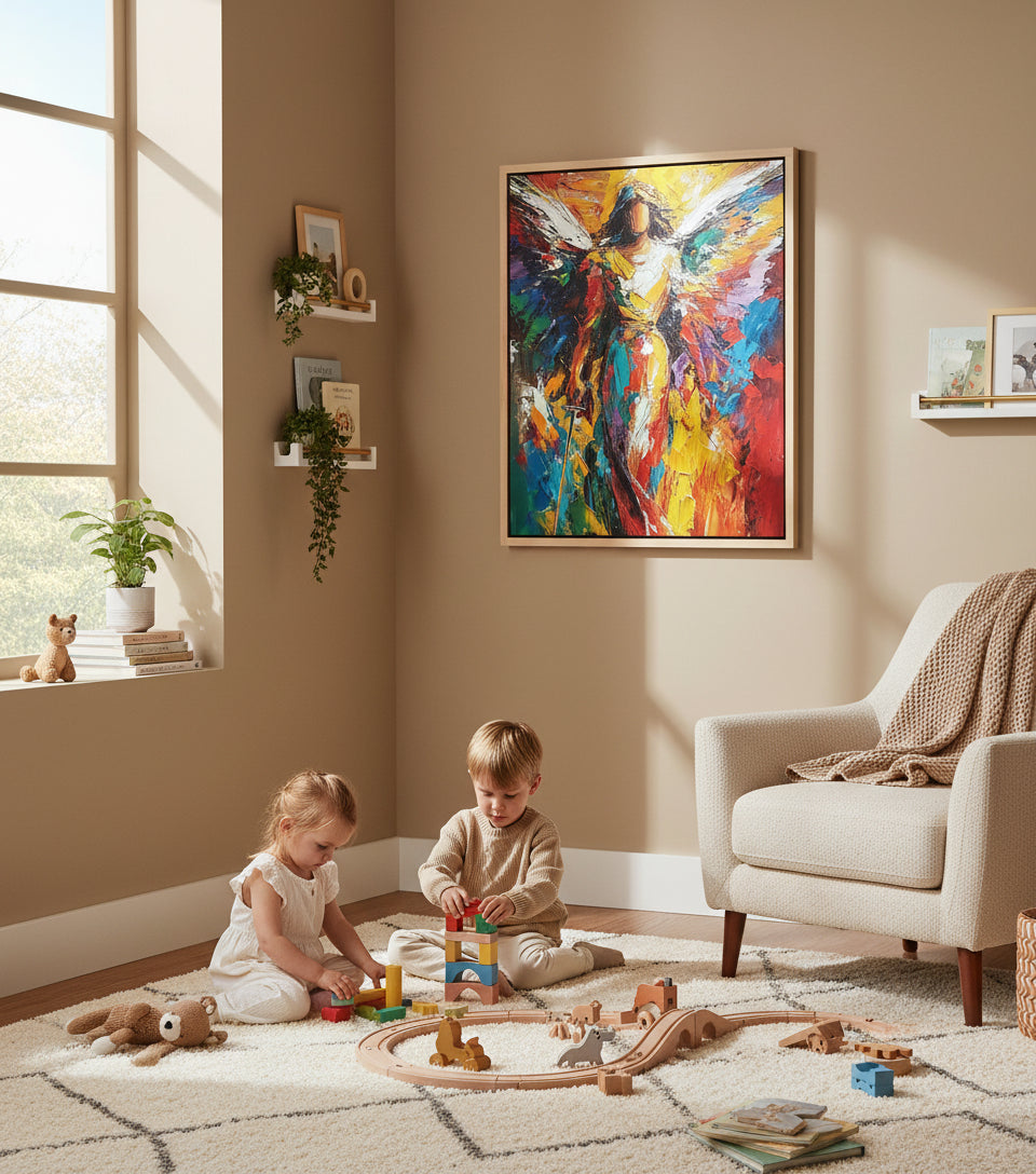 Radiant Angel Warrior Art – Guardian Angel with Sword Abstract Painting | Christian Wall Decor