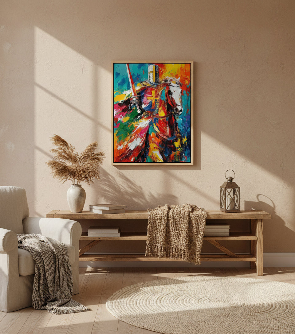 Christian Knight on White Horse Canvas – Spiritual Warrior Wall Art, Faith Battle Painting, Revelation 19:11