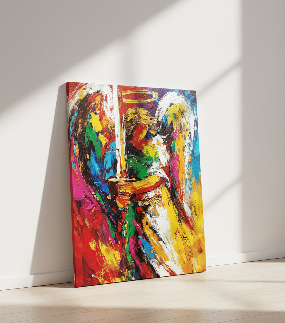 Guardian Angel with Flaming Sword – Vibrant Christian Wall Art, Angelic Protection Canvas Painting