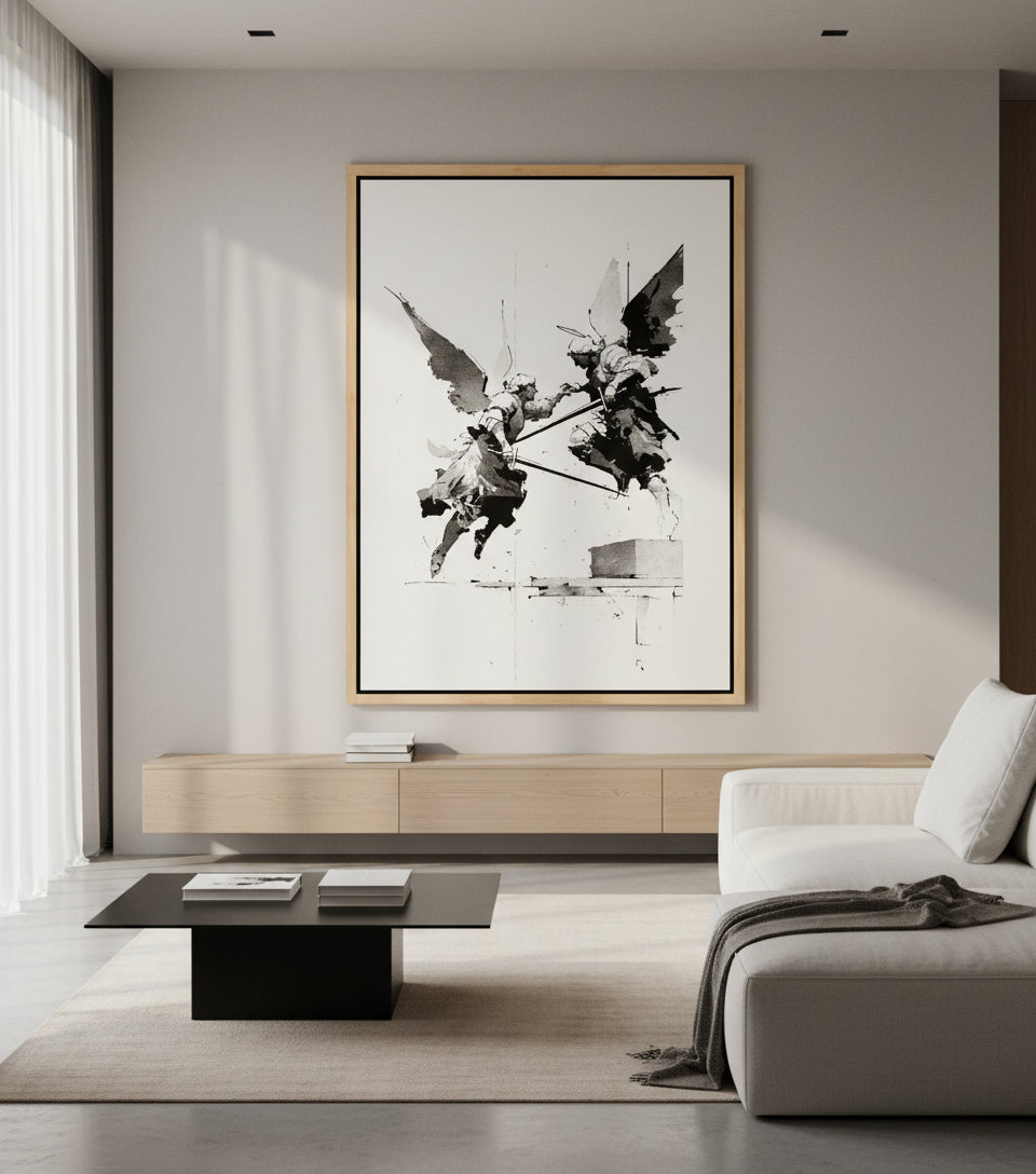 Heavenly Clash – Angelic Warfare Art | Spiritual Battle Wall Decor