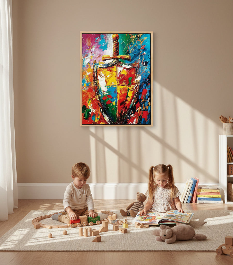 Sword & Shield Christian Canvas – Armor of God Wall Art, Faith Protection Painting, Ephesians 6:16–17