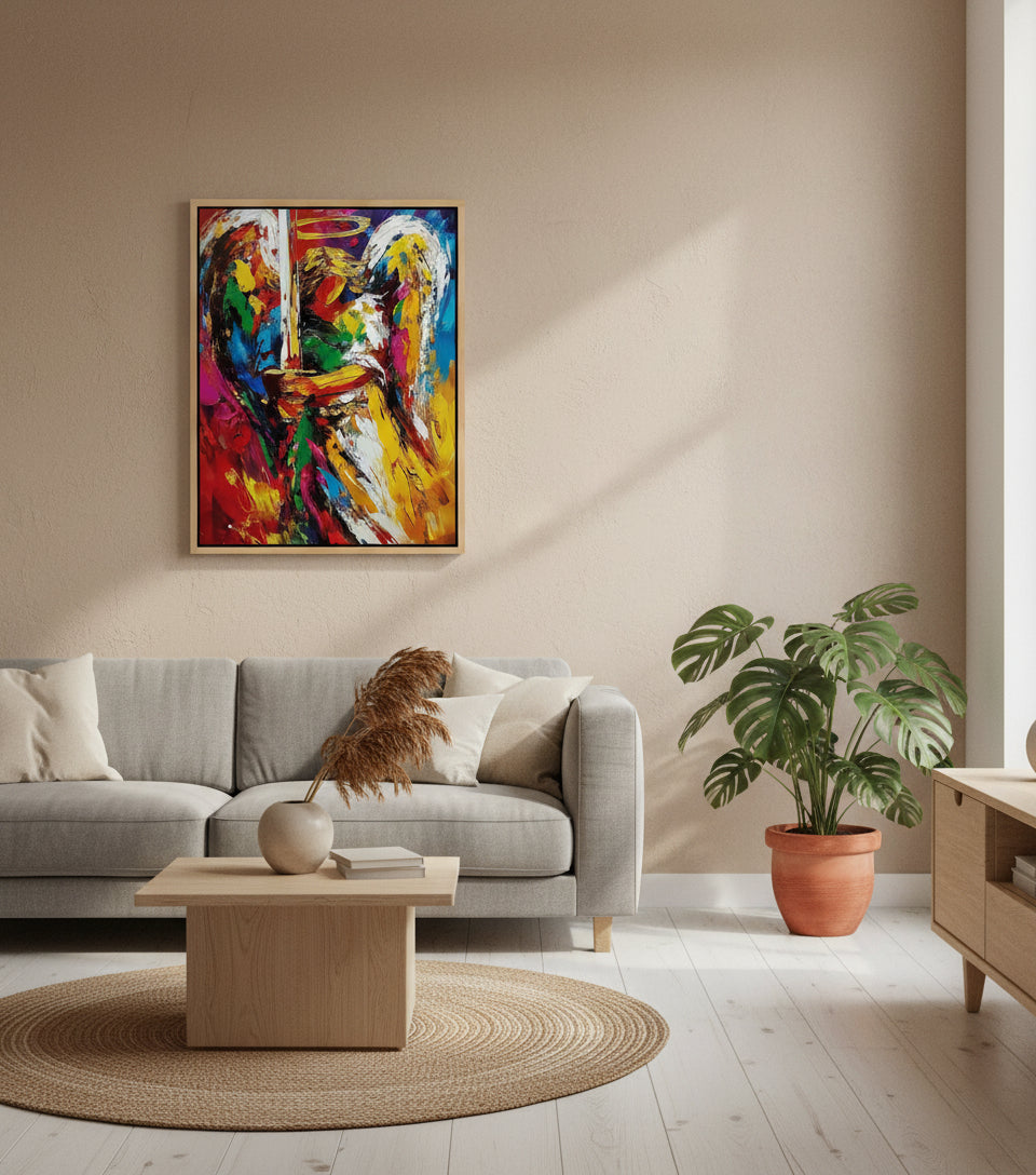 Guardian Angel with Flaming Sword – Vibrant Christian Wall Art, Angelic Protection Canvas Painting