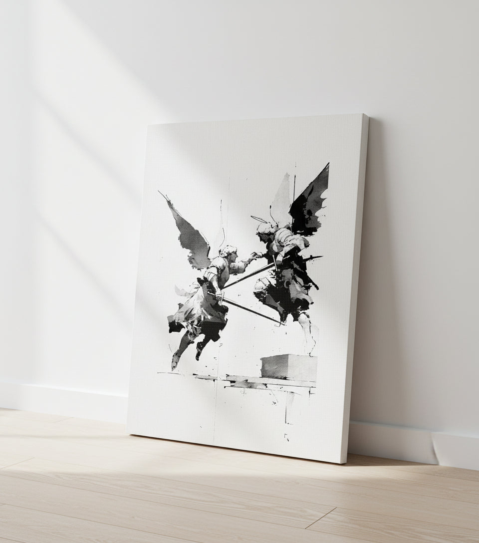 Heavenly Clash – Angelic Warfare Art | Spiritual Battle Wall Decor