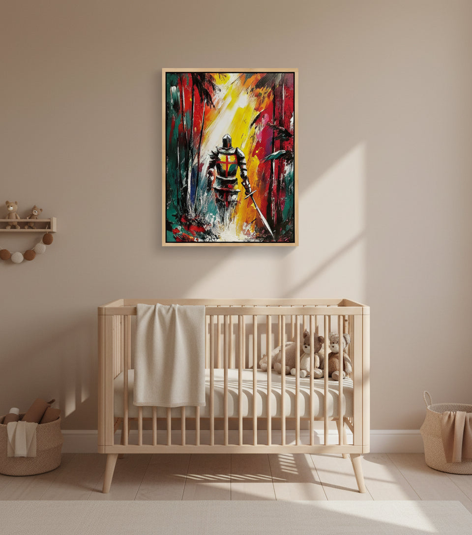 Christian Warrior in the Forest Canvas – Spiritual Battle Wall Art, Armor of God Painting, Light vs Darkness Artwork