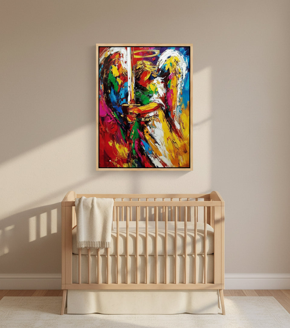 Guardian Angel with Flaming Sword – Vibrant Christian Wall Art, Angelic Protection Canvas Painting