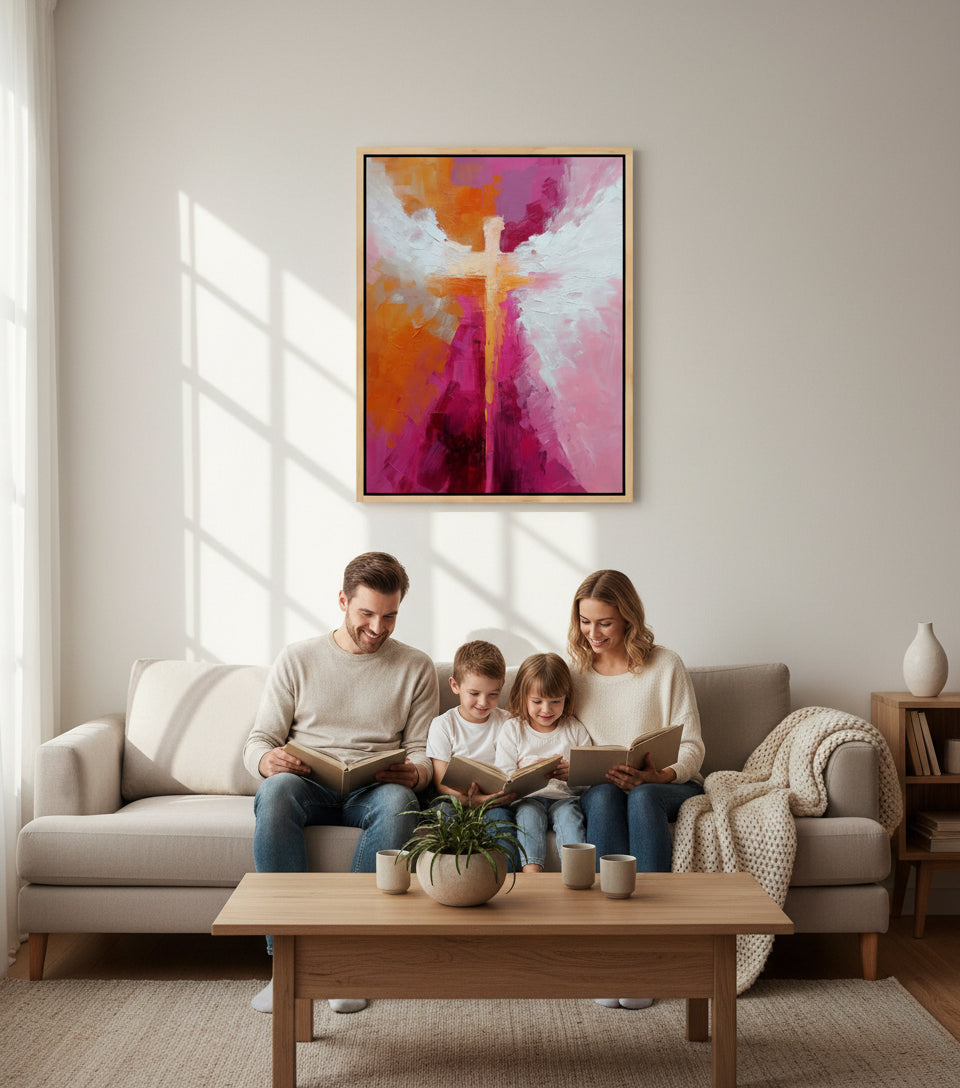 Abstract Angel Cross Painting – Pink & Orange Christian Wall Art | FaithfulPrints Jesus Cross Canvas | Inspirational Angel Artwork