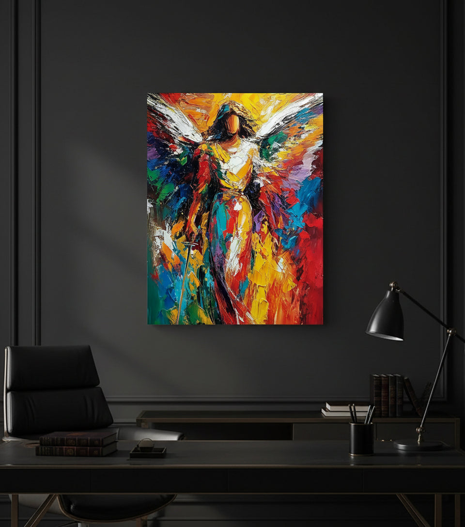 Radiant Angel Warrior Art – Guardian Angel with Sword Abstract Painting | Christian Wall Decor