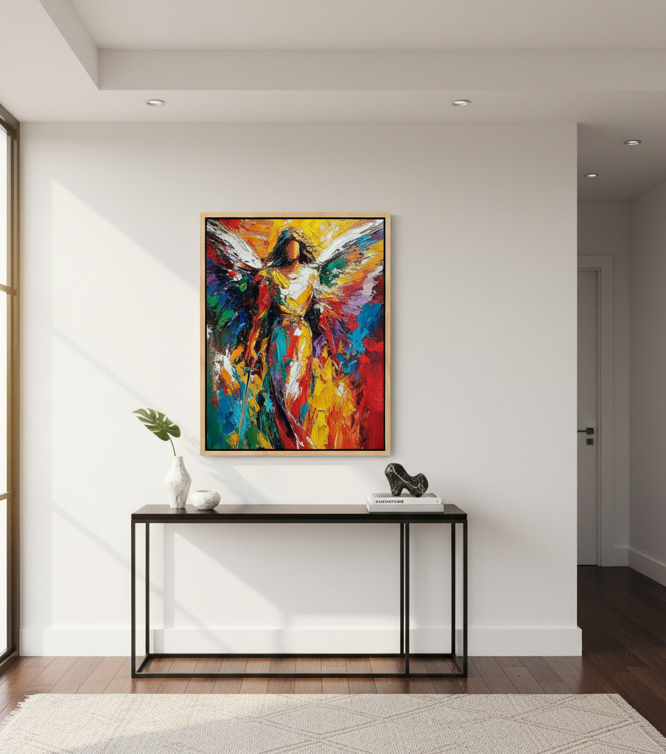Radiant Angel Warrior Art – Guardian Angel with Sword Abstract Painting | Christian Wall Decor