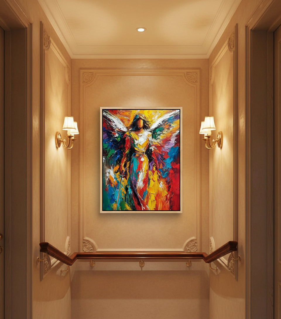 Radiant Angel Warrior Art – Guardian Angel with Sword Abstract Painting | Christian Wall Decor