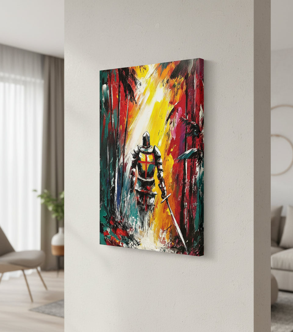 Christian Warrior in the Forest Canvas – Spiritual Battle Wall Art, Armor of God Painting, Light vs Darkness Artwork