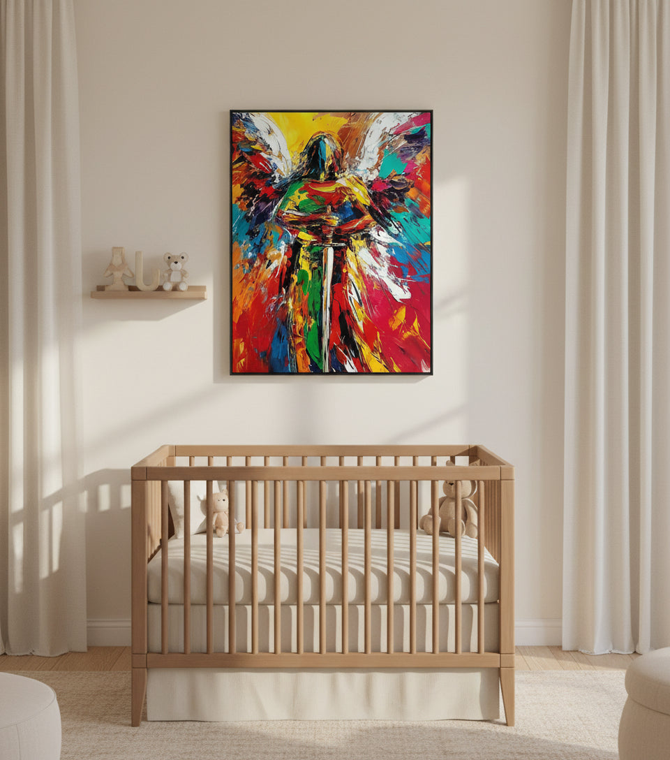 Guardian Angel of Light – Colorful Christian Angel Sword Canvas Wall Art
