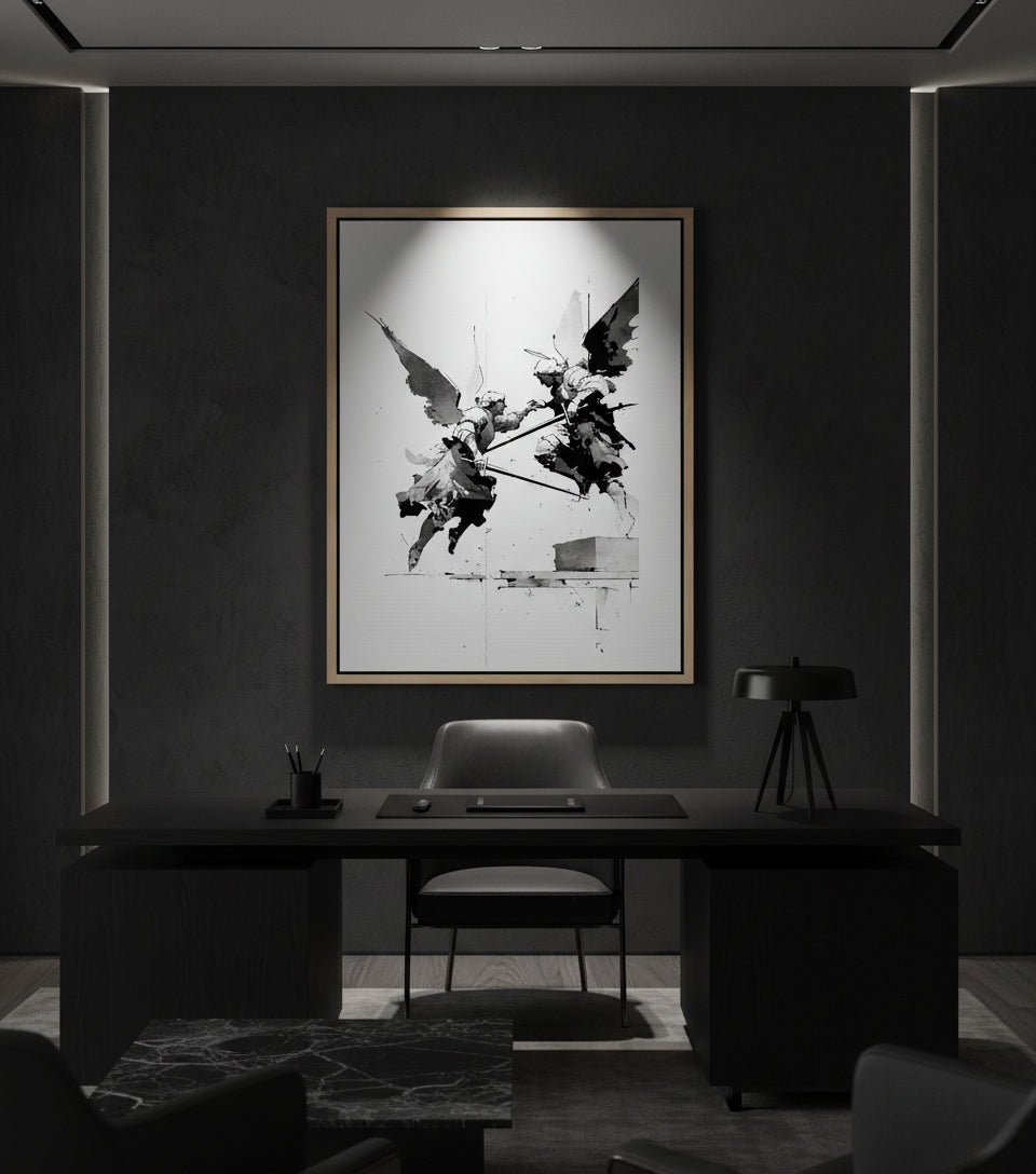 Heavenly Clash – Angelic Warfare Art | Spiritual Battle Wall Decor