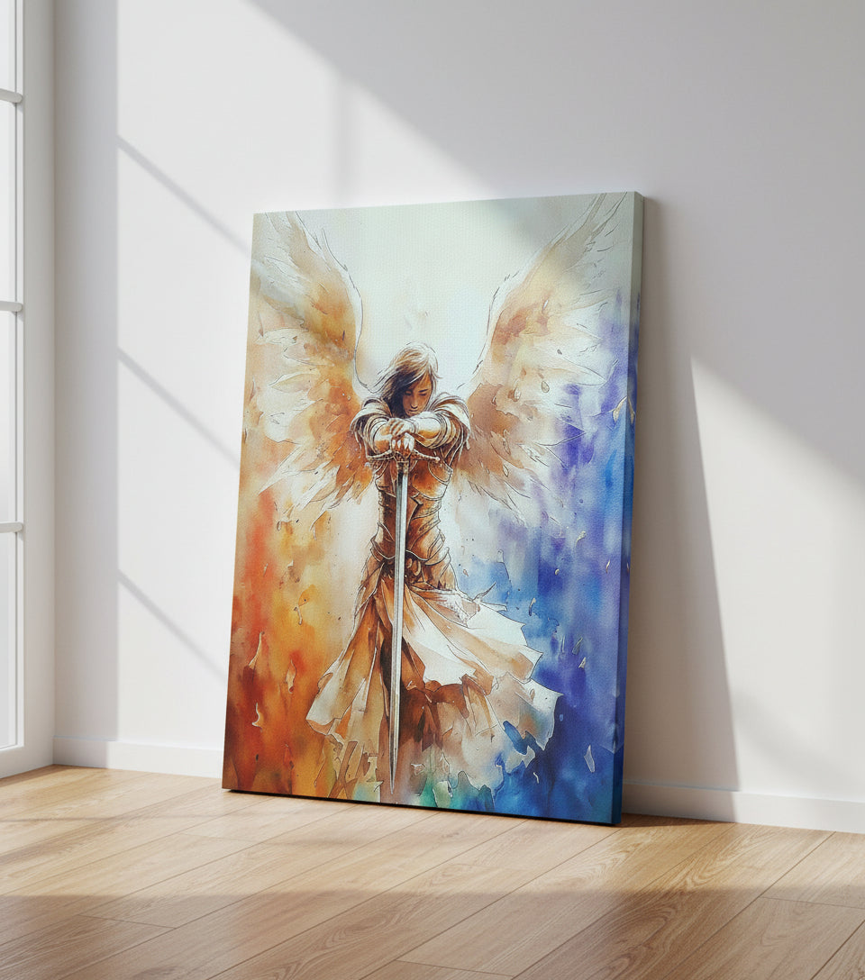 Guardian Angel with Sword Wall Art – Christian Angel Warrior Canvas, Seraphim Protection Painting, Faith Decor