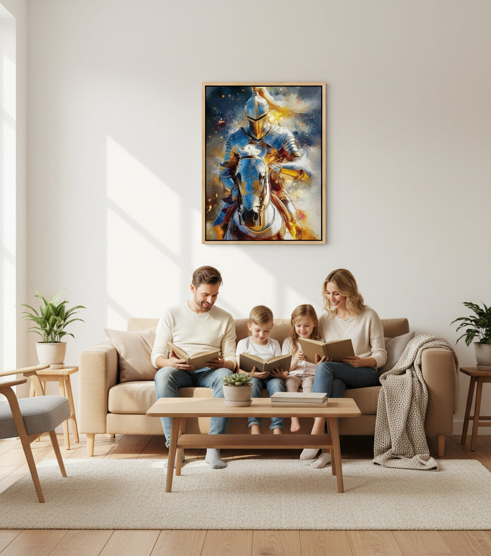 Heavenly Warrior on White Horse faithfulprints Canvas – Christian Knight Wall Art, Spiritual Battle Painting, Faith Armor Artwork