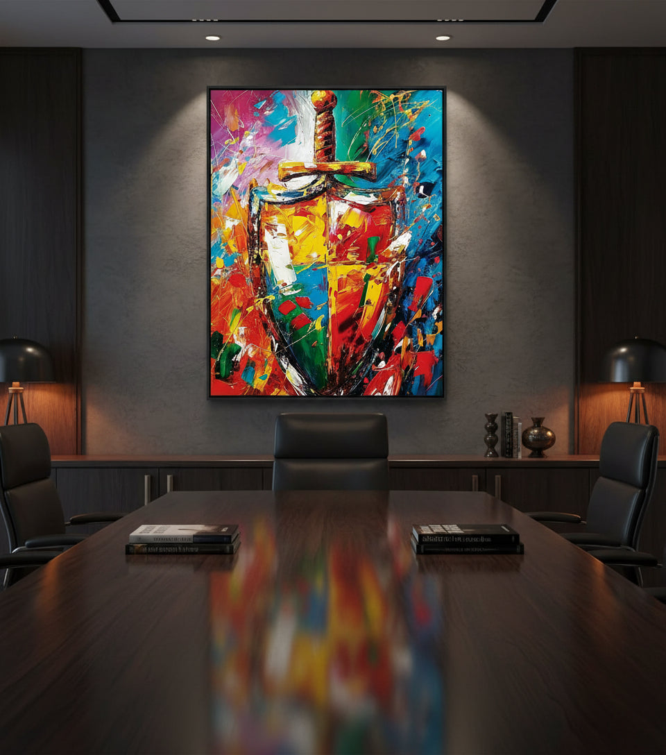 Sword & Shield Christian Canvas – Armor of God Wall Art, Faith Protection Painting, Ephesians 6:16–17