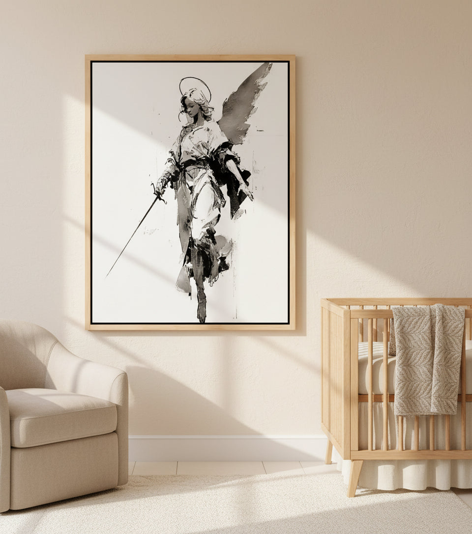 Warrior Angel with Sword – Minimalist Black & White Christian Wall Art, Guardian Angel Canvas
