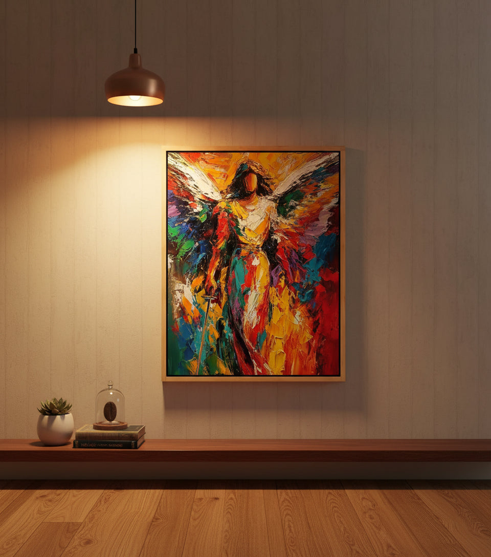 Radiant Angel Warrior Art – Guardian Angel with Sword Abstract Painting | Christian Wall Decor
